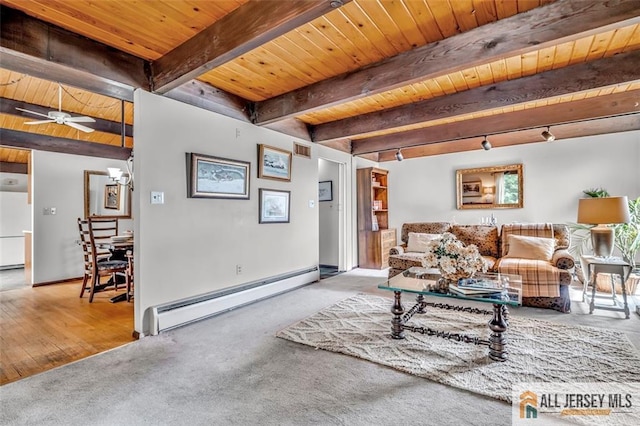 2 Snapper Ave, South River, NJ 08882 - carpeted living area with a baseboard heating unit, wooden ceiling, beamed ceiling, a ceiling fan, and baseboards