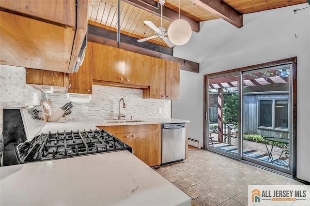 kitchen featuring wood ceiling, dishwasher, a sink, light countertops, and range with gas stovetop