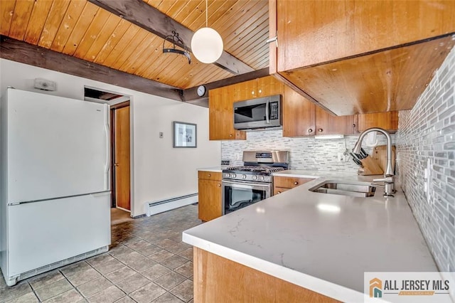 kitchen with appliances with stainless steel finishes, a sink, wooden ceiling, a baseboard radiator, and backsplash