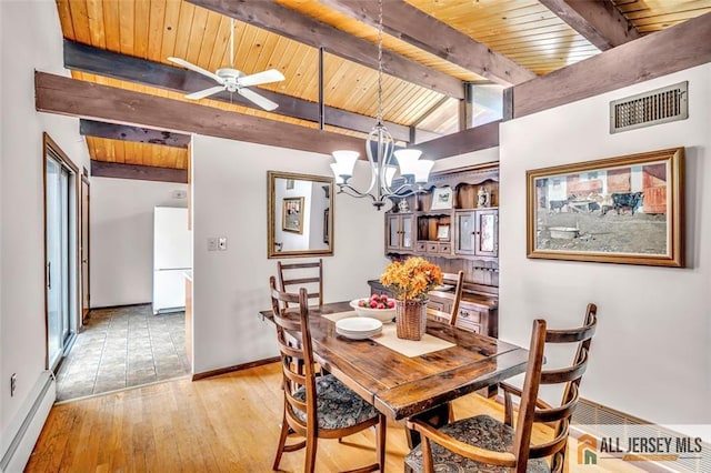 dining area featuring a baseboard radiator, baseboards, light wood-type flooring, visible vents, and wood ceiling