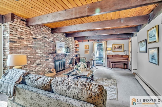 carpeted living room with wood ceiling, a fireplace, baseboards, a baseboard radiator, and beamed ceiling