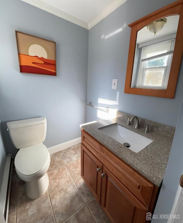 bathroom with vanity, toilet, a baseboard radiator, tile patterned floors, and ornamental molding