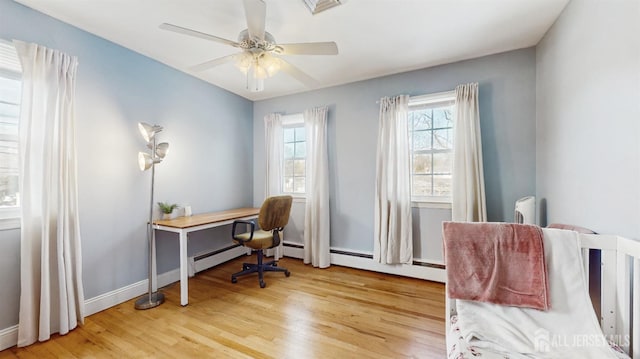 office featuring baseboard heating, hardwood / wood-style flooring, and ceiling fan