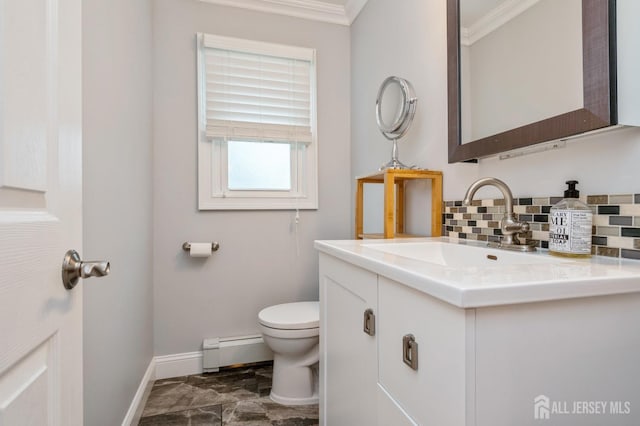 27 Briarwood Dr, Old Bridge, NJ 07747 - bathroom with crown molding, a baseboard heating unit, toilet, baseboards, and backsplash