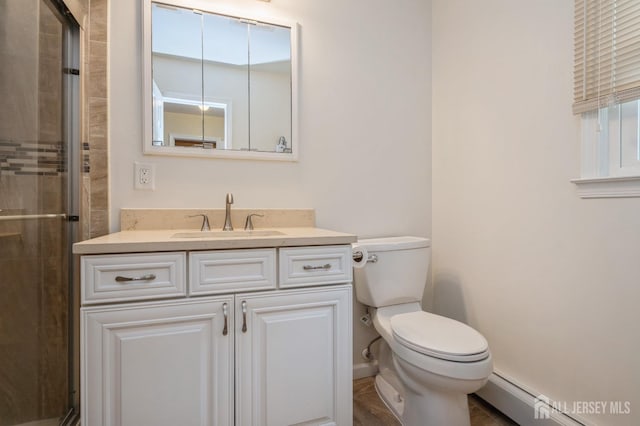 27 Briarwood Dr, Old Bridge, NJ 07747 - bathroom with a baseboard heating unit, toilet, a stall shower, and vanity