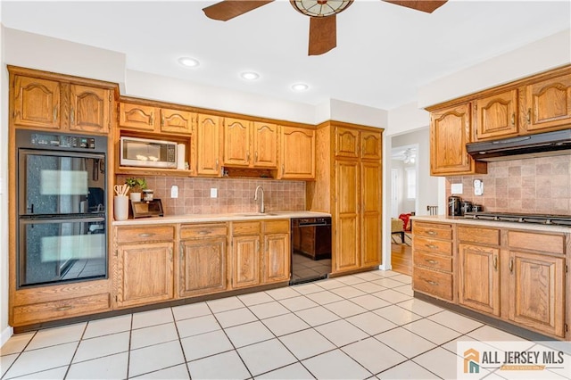 21 Wilk Rd, Edison, NJ 08837 - kitchen featuring a ceiling fan, black appliances, light countertops, backsplash, and recessed lighting