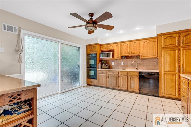 21 Wilk Rd, Edison, NJ 08837 - kitchen featuring light countertops, black appliances, ceiling fan, tasteful backsplash, and light tile patterned flooring