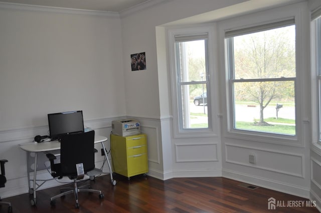 12 Sunny Ct, Monroe, NJ 08831 - office featuring a decorative wall, dark wood-type flooring, ornamental molding, and a wainscoted wall