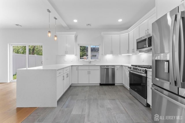 243 E 9th Ave, Roselle, NJ 07203 - kitchen with stainless steel appliances, a peninsula, white cabinetry, recessed lighting, and light countertops