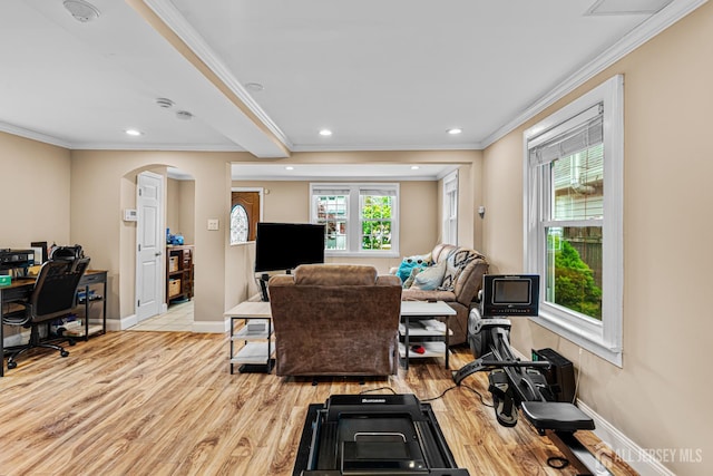 249 Garfield Ave, Old Bridge, NJ 08879 - living room featuring arched walkways, ornamental molding, wood finished floors, an office area, and recessed lighting