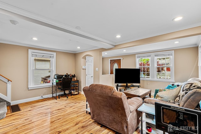 249 Garfield Ave, Old Bridge, NJ 08879 - living area featuring light wood-type flooring, recessed lighting, crown molding, baseboards, and arched walkways