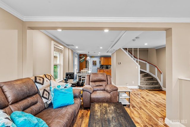 249 Garfield Ave, Old Bridge, NJ 08879 - living room featuring light wood-style flooring, crown molding, stairway, recessed lighting, and baseboards