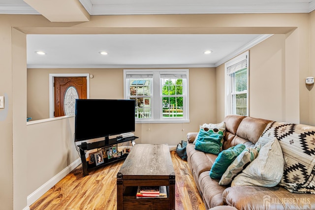 249 Garfield Ave, Old Bridge, NJ 08879 - living area featuring wood finished floors, baseboards, recessed lighting, and crown molding