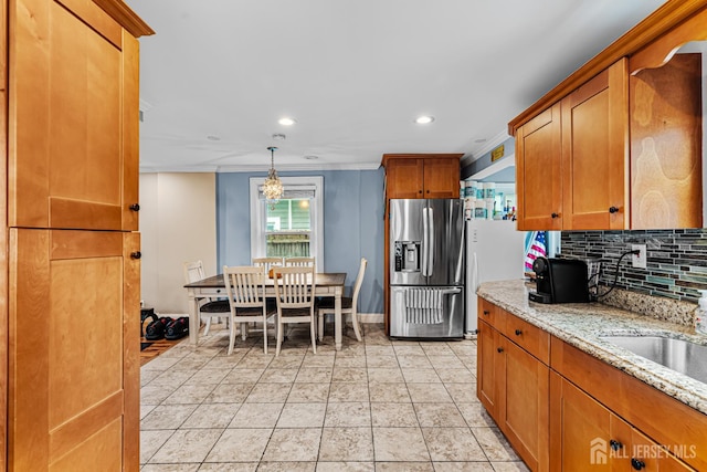 249 Garfield Ave, Old Bridge, NJ 08879 - kitchen featuring stainless steel fridge, crown molding, tasteful backsplash, recessed lighting, and a chandelier