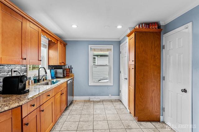 249 Garfield Ave, Old Bridge, NJ 08879 - kitchen featuring dishwasher, a sink, ornamental molding, baseboards, and light stone counters