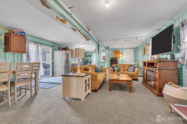 living room with light colored carpet