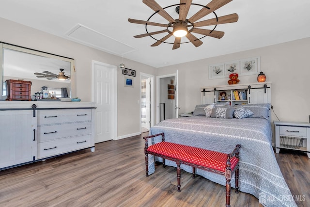 318 Bayview Ave, Union Beach, NJ 07735 - bedroom featuring attic access, wood finished floors, baseboards, and ceiling fan