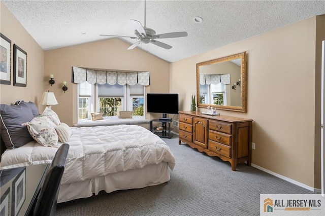 bedroom with a textured ceiling, baseboards, light colored carpet, and vaulted ceiling