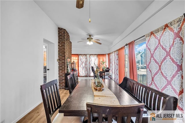 20 Cedar Ave, North Brunswick, NJ 08902 - dining space featuring ceiling fan, vaulted ceiling, light wood-type flooring, and baseboards