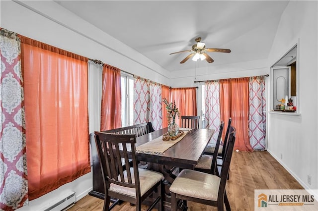 20 Cedar Ave, North Brunswick, NJ 08902 - dining area with a ceiling fan, wood finished floors, baseboards, and a baseboard heating unit