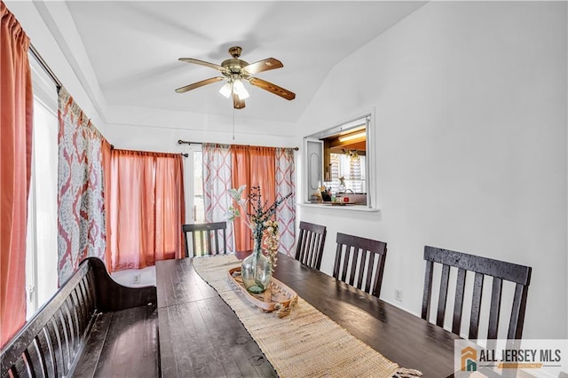 20 Cedar Ave, North Brunswick, NJ 08902 - dining area featuring vaulted ceiling, a ceiling fan, and hardwood / wood-style floors