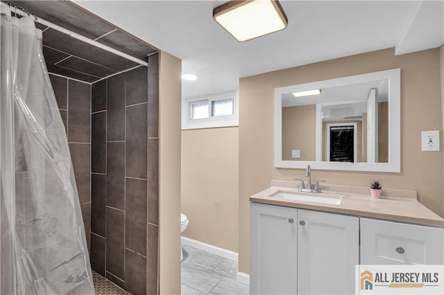 20 Cedar Ave, North Brunswick, NJ 08902 - bathroom featuring tiled shower, baseboards, vanity, and toilet