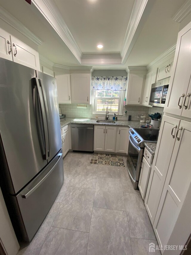 kitchen with a raised ceiling, appliances with stainless steel finishes, sink, and white cabinets