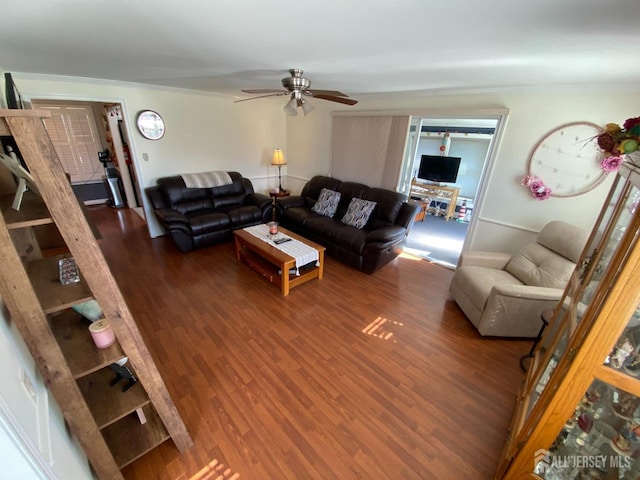 living room featuring dark hardwood / wood-style flooring and ceiling fan