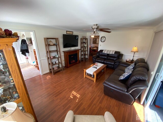 living room with hardwood / wood-style floors and ceiling fan