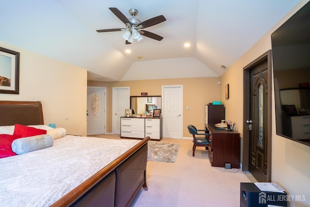 10 Eddie Ct, South Brunswick, NJ 08810 - bedroom featuring lofted ceiling, light carpet, an office area, a ceiling fan, and recessed lighting