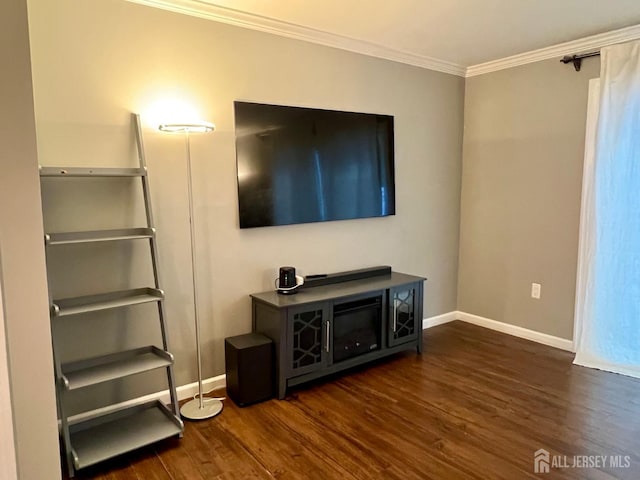 living room with ornamental molding and dark hardwood / wood-style floors