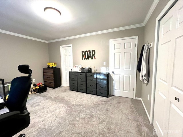 office space featuring crown molding and light carpet