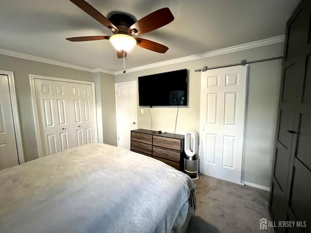 bedroom with multiple closets, crown molding, carpet, and ceiling fan