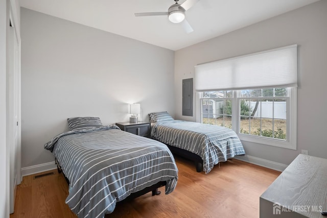 bedroom featuring electric panel, visible vents, baseboards, and wood finished floors