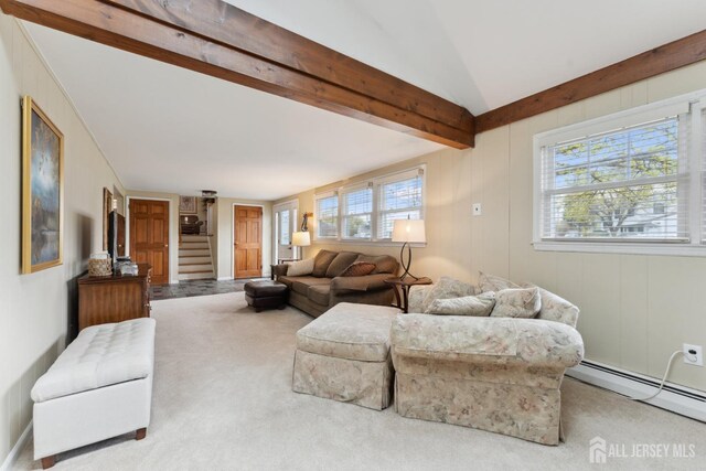 341 Ellis Pkwy, Piscataway, NJ 08854 - living area featuring a baseboard radiator, stairs, and carpet floors