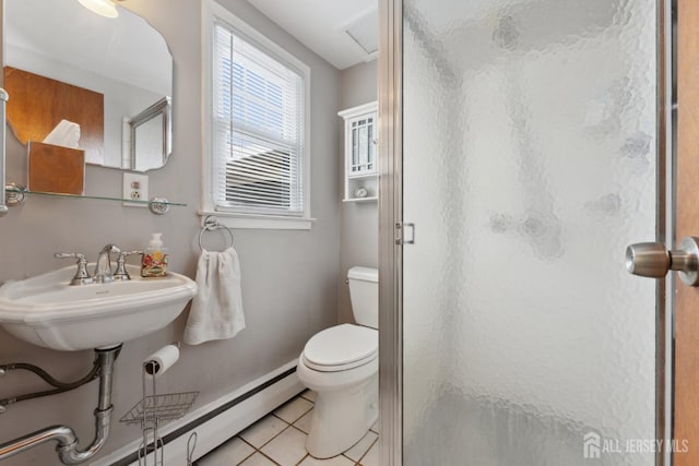 341 Ellis Pkwy, Piscataway, NJ 08854 - bathroom featuring a shower stall, tile patterned flooring, toilet, and baseboard heating