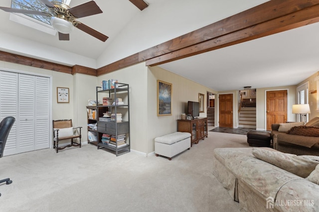 341 Ellis Pkwy, Piscataway, NJ 08854 - living room featuring ceiling fan, stairway, carpet floors, and baseboards
