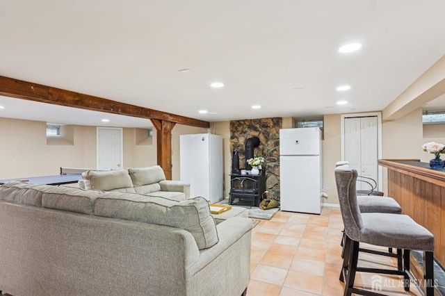 95 Union Ave, Edison, NJ 08820 - living area with a wood stove, recessed lighting, and light tile patterned floors