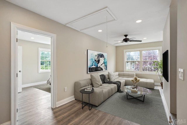 431-431 Garfield Ave, South Plainfield, NJ 07080 - living area featuring attic access, wood finished floors, recessed lighting, and a ceiling fan
