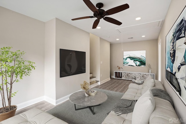 431-431 Garfield Ave, South Plainfield, NJ 07080 - living room featuring attic access, wood finished floors, a ceiling fan, and recessed lighting
