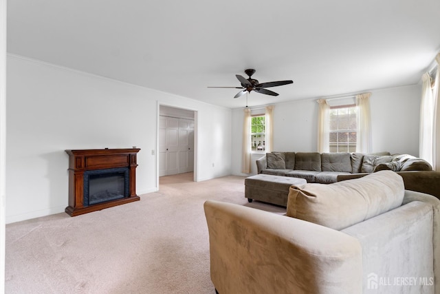 104 Glenwood Ln Unit A, Monroe, NJ 08831 - living area with carpet flooring, ceiling fan, a glass covered fireplace, baseboards, and ornamental molding