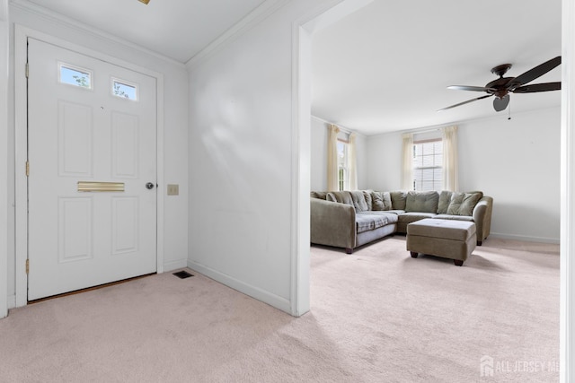 104 Glenwood Ln Unit A, Monroe, NJ 08831 - entrance foyer featuring light colored carpet, a ceiling fan, baseboards, and ornamental molding