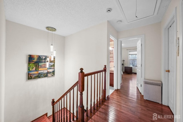 hall featuring attic access, radiator, hardwood / wood-style flooring, a textured ceiling, and an upstairs landing