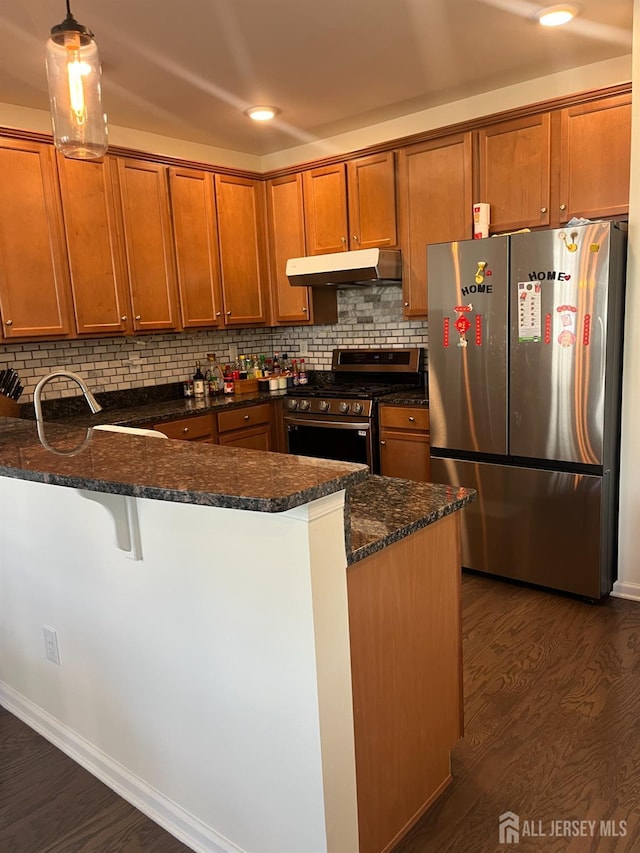 1425 Hudson Cir, Highland Park, NJ 08904 - kitchen featuring appliances with stainless steel finishes, under cabinet range hood, a peninsula, dark wood finished floors, and recessed lighting