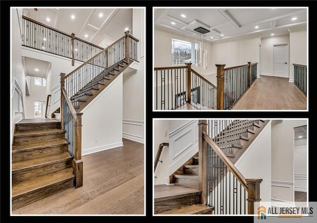 stairway featuring hardwood / wood-style flooring, a towering ceiling, and coffered ceiling