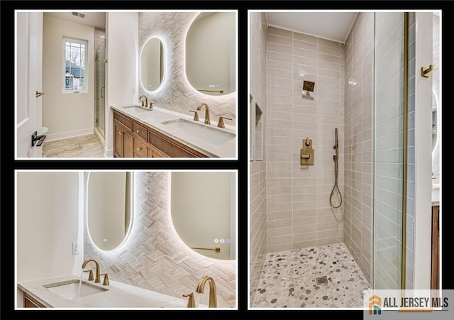 bathroom with backsplash, vanity, and a shower with door