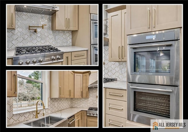 kitchen featuring appliances with stainless steel finishes, sink, backsplash, light stone counters, and exhaust hood