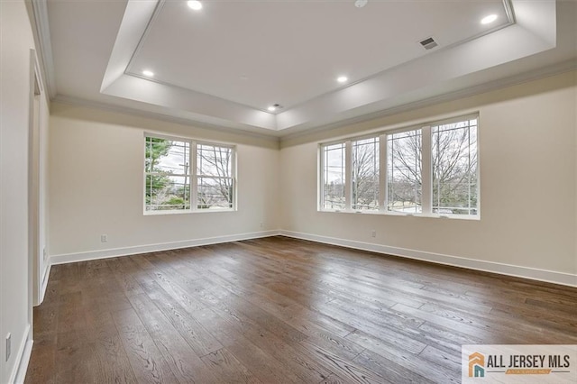 spare room with crown molding, a tray ceiling, and dark wood-type flooring