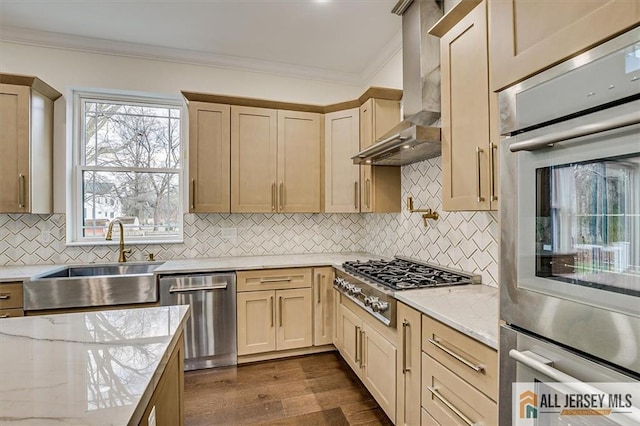 kitchen featuring stainless steel appliances, light stone countertops, wall chimney range hood, ornamental molding, and sink