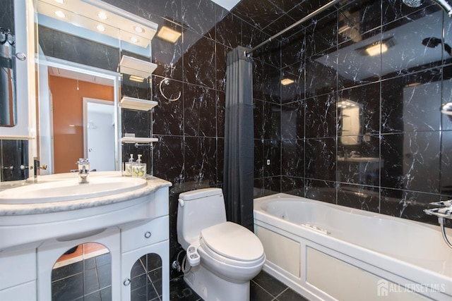 full bathroom with shower / bathtub combination with curtain, tile patterned flooring, sink, tile walls, and toilet